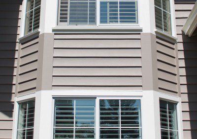 The windows of a house from the outside with plants in the bottom